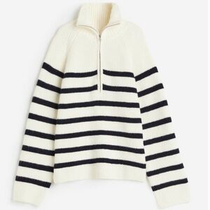 H&M Black and White Striped Half-Zip Sweater
